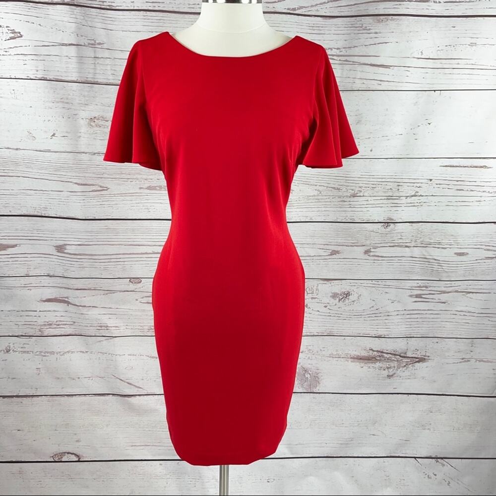 Calvin Klein red ruffle sleeve and back crepe sheath dress size 10